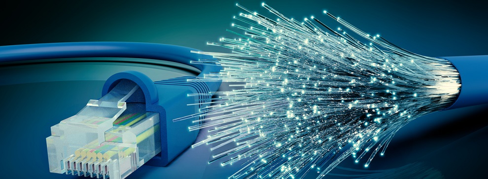 Network cable and optic fibre cable connection, 3D rendering